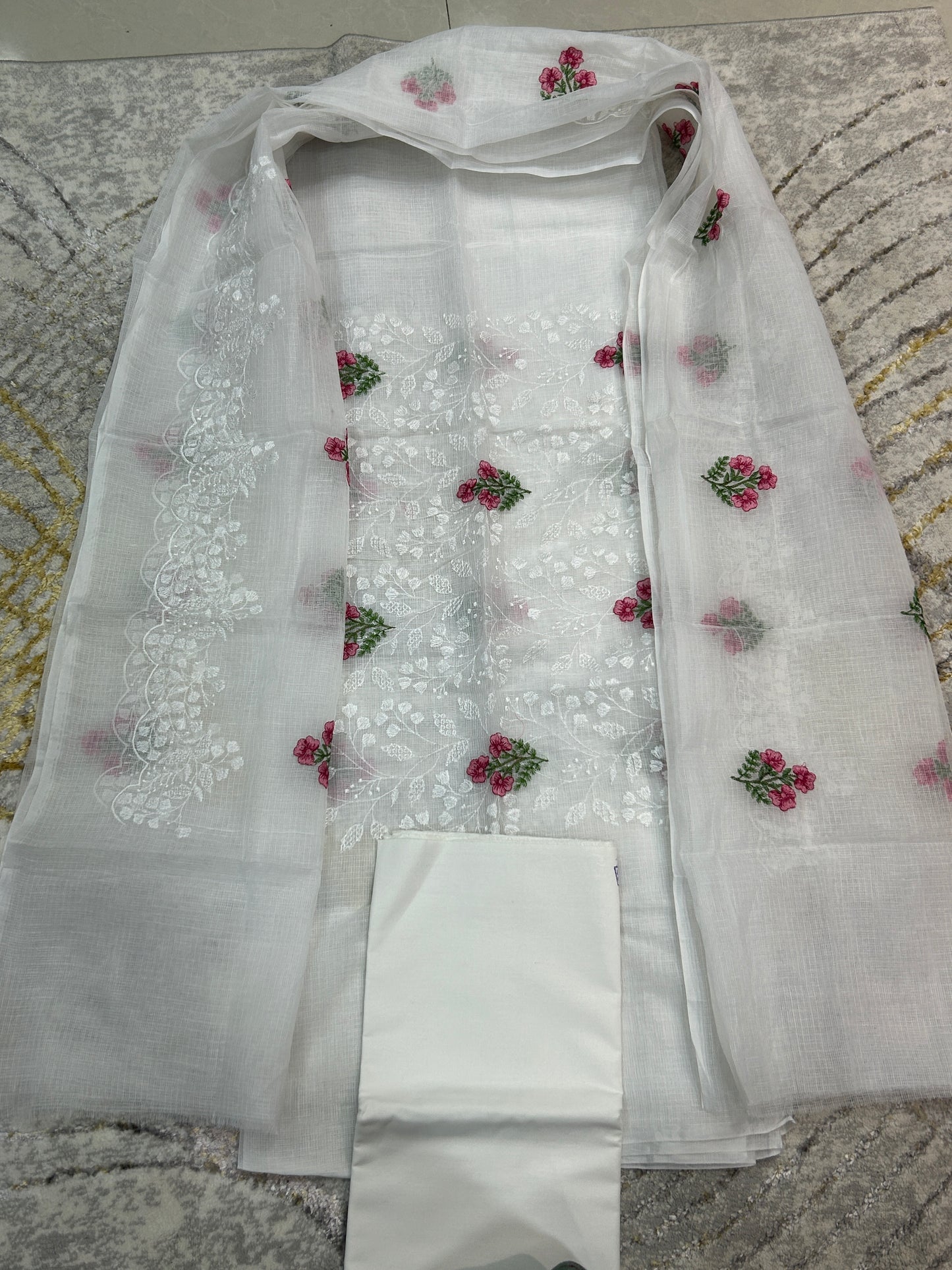 White color Embroidered Kota Doria 3 piece unstitched Dress Material