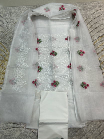 White color Embroidered Kota Doria 3 piece unstitched Dress Material