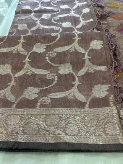 Dusty Brown Cotton double Zari  Banarasi 3 piece set