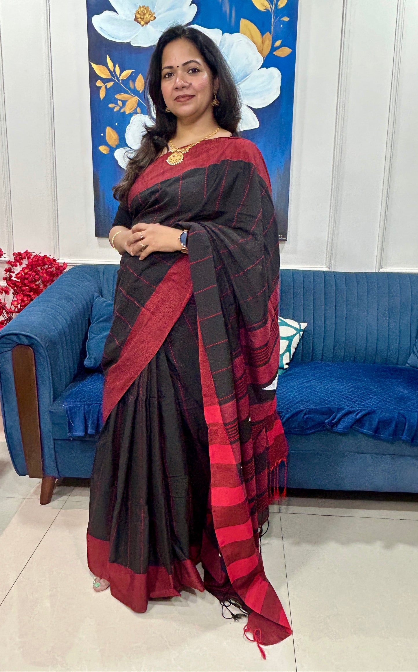 Red and Black Khadi cotton Pure Handloom Saree with Blouse piece SKC12
