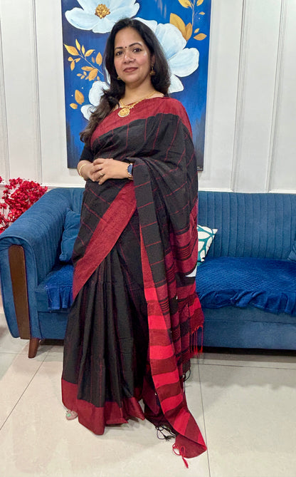 Red and Black Khadi cotton Pure Handloom Saree with Blouse piece SKC12