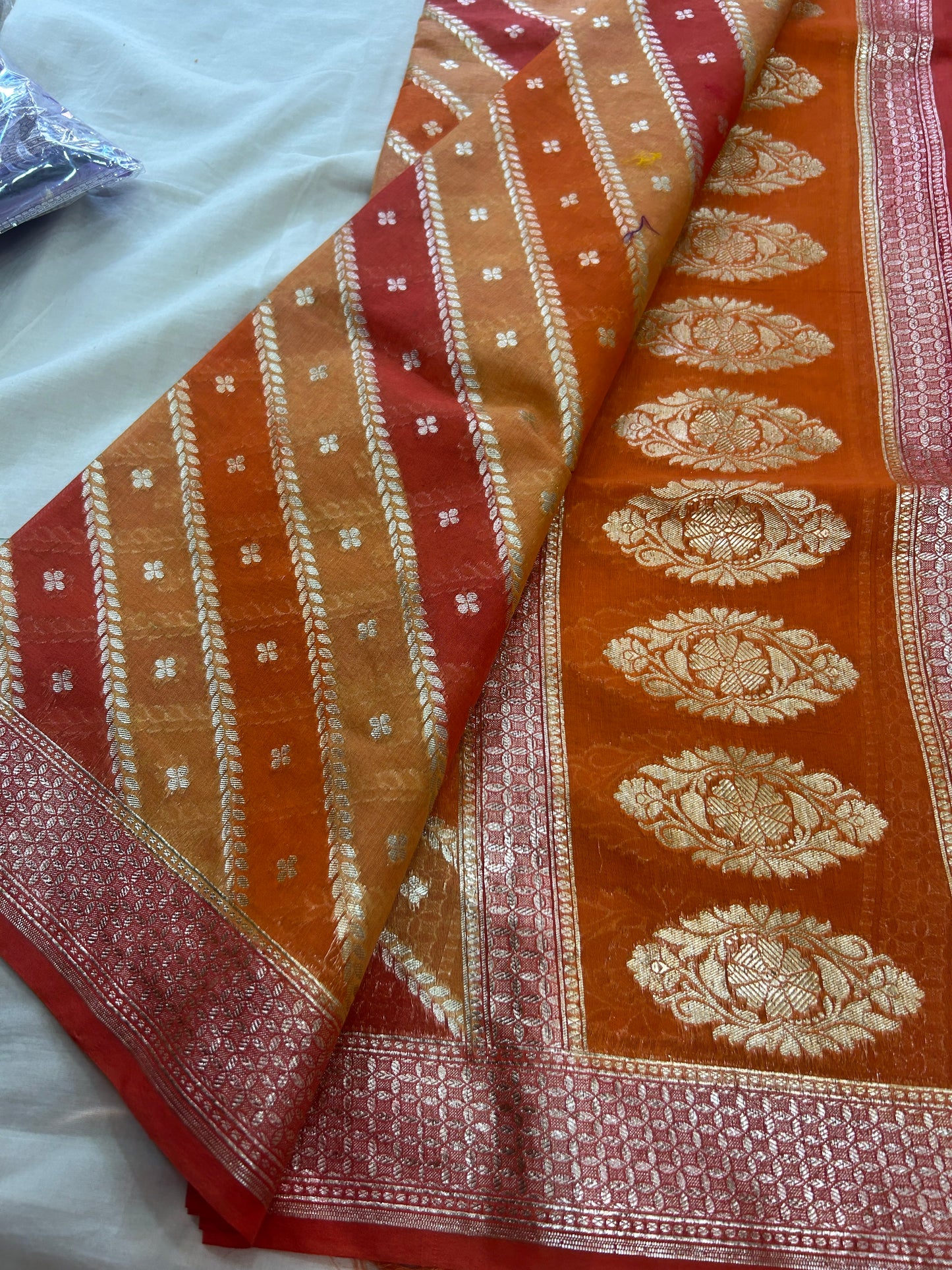 Rust orange golden butti banarasi 3 piece set with diagonal striped dupatta