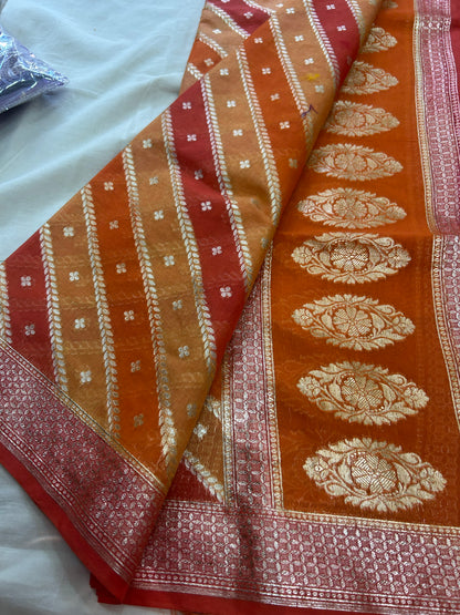 Rust orange golden butti banarasi 3 piece set with diagonal striped dupatta