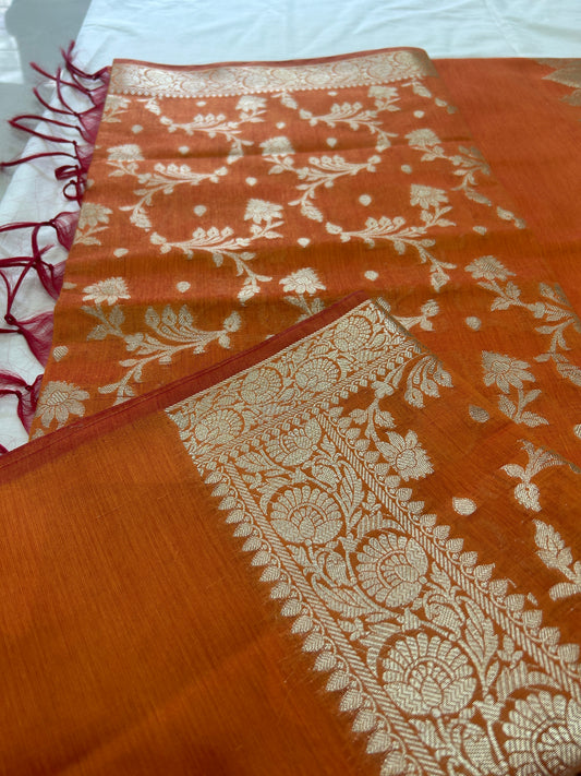 Burnt Orange color with Solid color body Banarasi 3 piece set