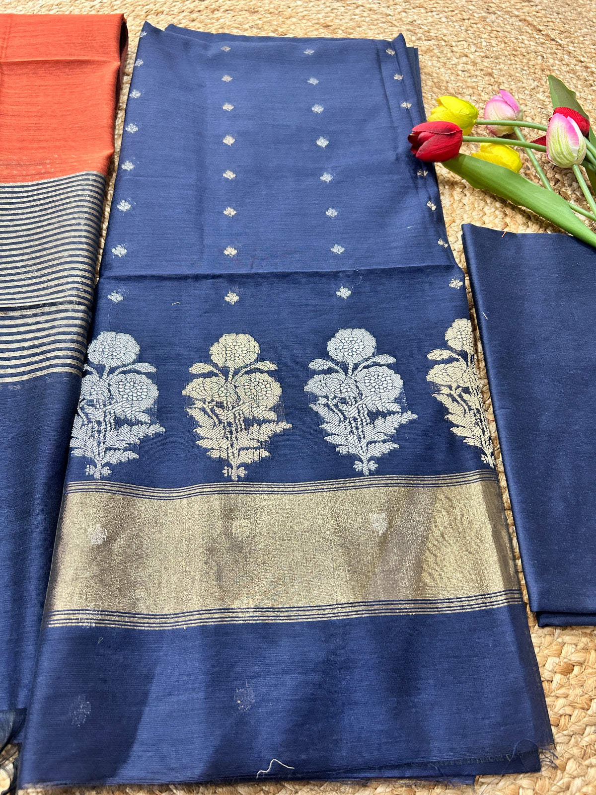 Navy Blue and Rust Orange Cotton Silk  Banarasi 3-Piece Suit Material
