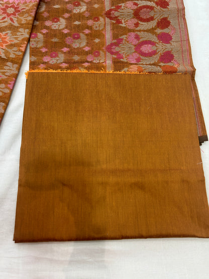 Handwoven Earthy Brown Cotton silk Unstitched Banarasi Suit Set with Resham Weaving
