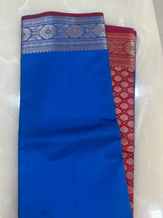 Royal Blue Katan Semi Silk Banarasi Saree with Contrast Red Brocade Pallu and Blouse Piece SSB225