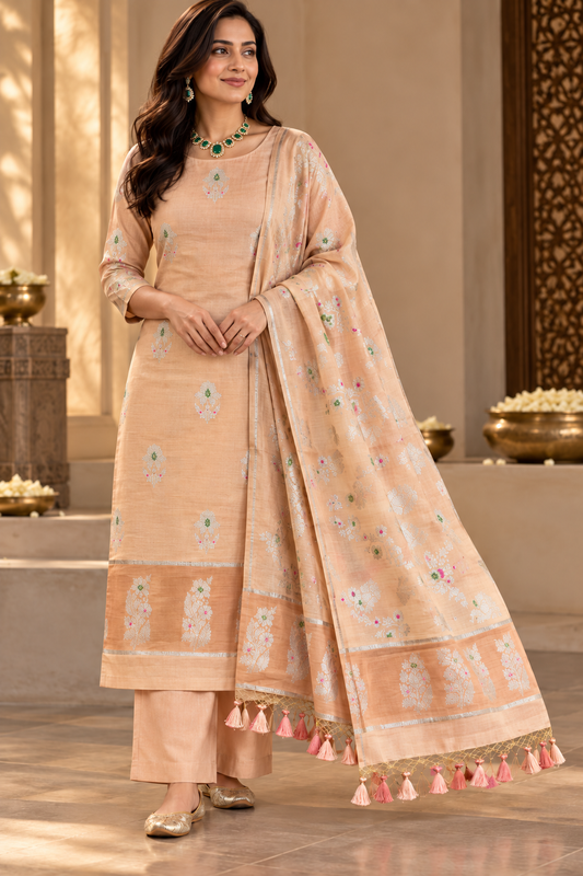 Peach Blossom Pure Silk Banarasi 3-Piece Suit Set