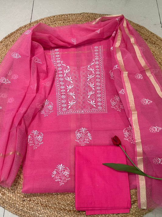 Rani Pink Mixed Cotton Kota Doria Unstitched Suit Set