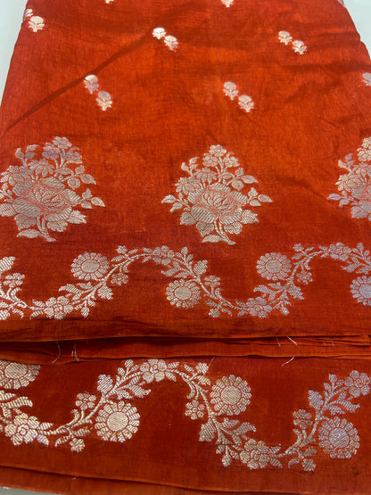 Rust Orange color boarderless  Dupion Silk Handloom Banarasi Saree
