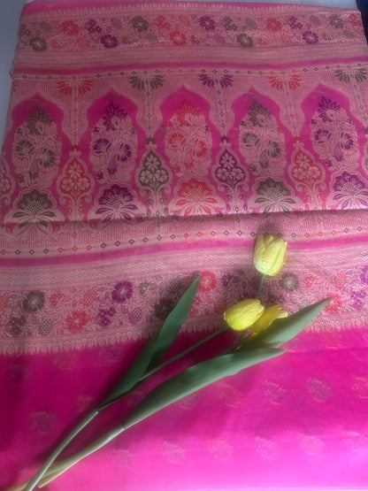 Authentic Handloom Pure Khaddi Georgette Banarasi Saree – Candy Pink with Meenakari Floral Border