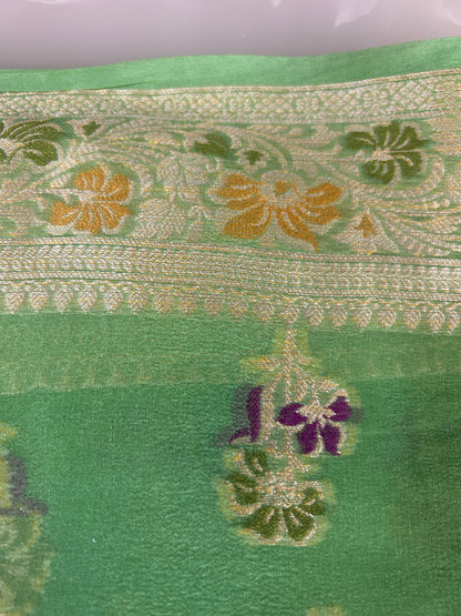 Authentic Handloom Pure Khaddi Georgette Banarasi Saree – Mint Green with Meenakari Weaving