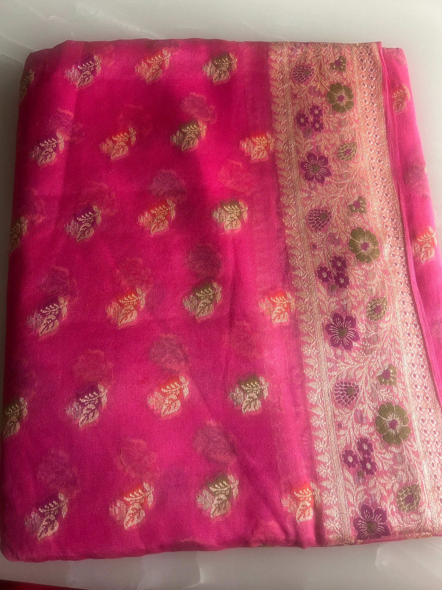 Authentic Handloom Pure Khaddi Georgette Banarasi Saree – Candy Pink with Meenakari Floral Border