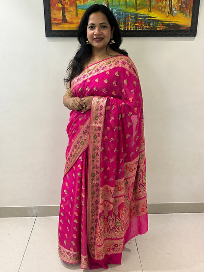 Authentic Handloom Pure Khaddi Georgette Banarasi Saree – Rani Pink with Meenakari Weaving