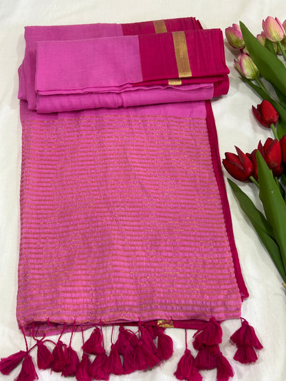 Light Pink mulcotton saree with dark pink with golden stripe border an tassels SMC236
