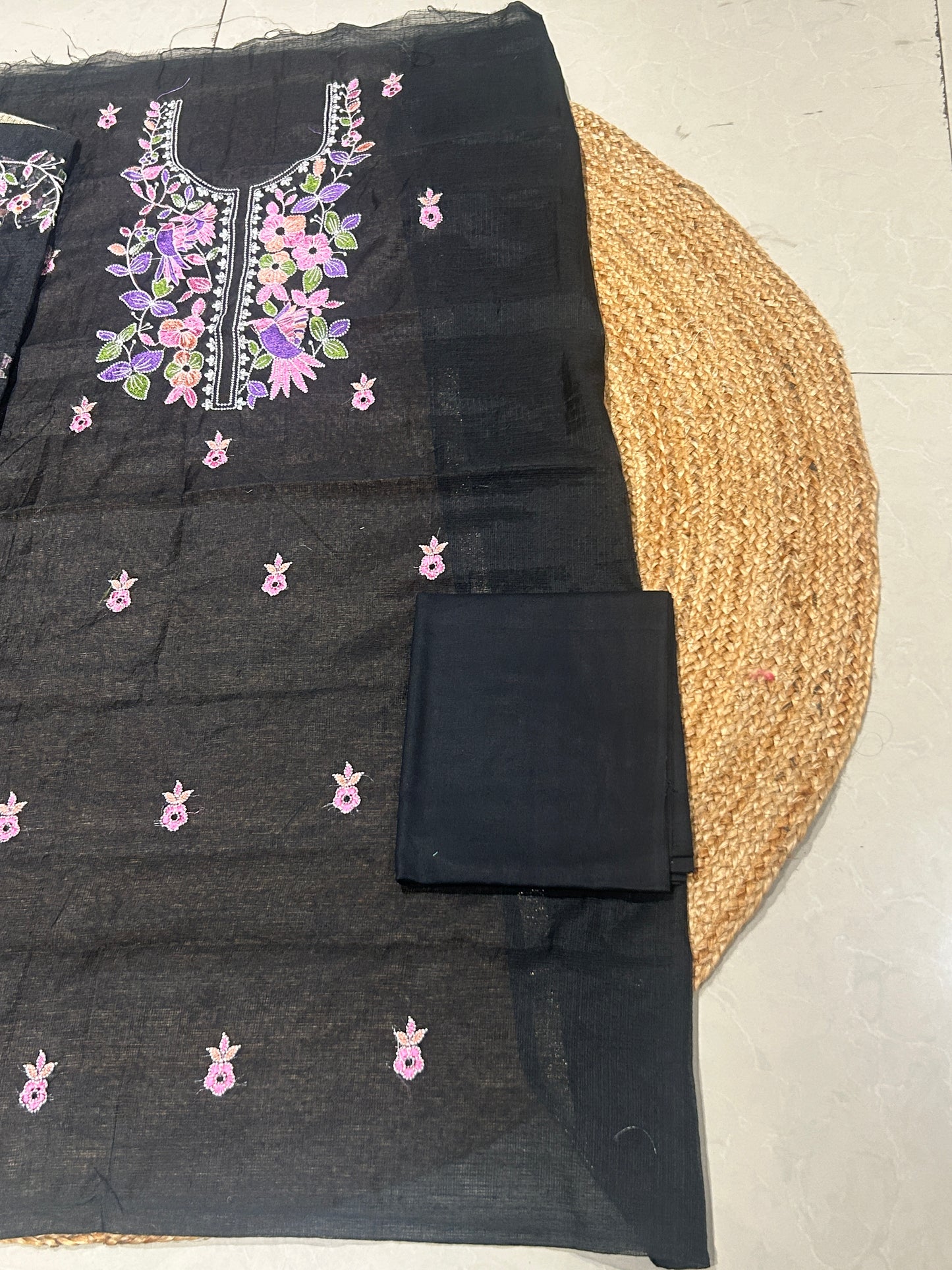 Black Floral Embroidered Mix Cotton Kota Doria 3-Piece Suit Set