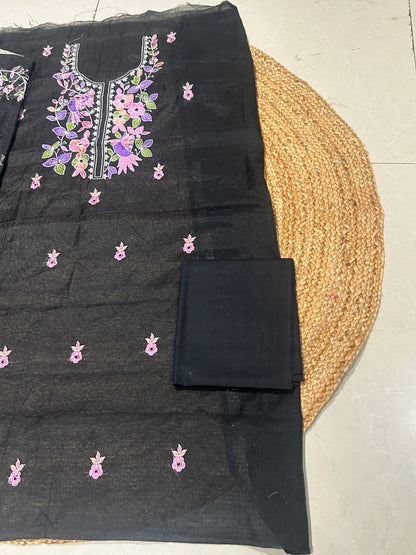 Black Floral Embroidered Mix Cotton Kota Doria 3-Piece Suit Set