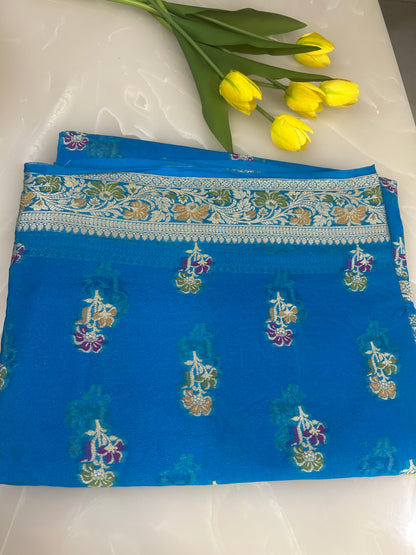 Authentic Handloom Pure Khaddi Georgette Banarasi Saree – Royal Blue with Meenakari Weaving