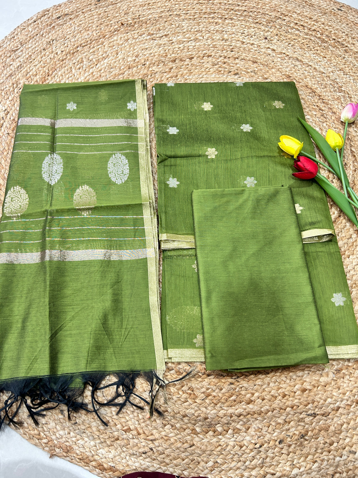 Olive Green Cotton Silk  Banarasi 3-Piece Suit Material