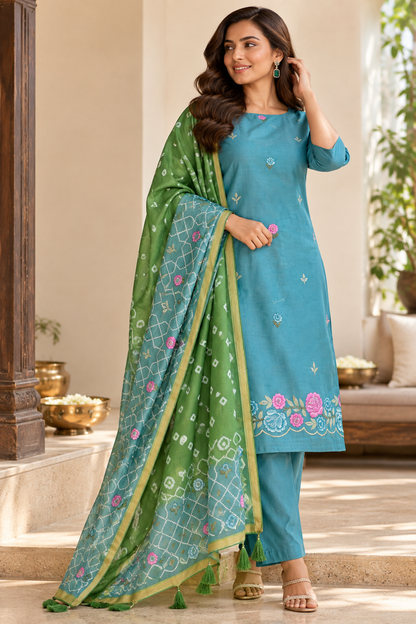 Turquoise Blue Chanderi Embroidered Dress Material