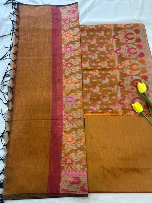 Handwoven Earthy Brown Cotton silk Unstitched Banarasi Suit Set with Resham Weaving