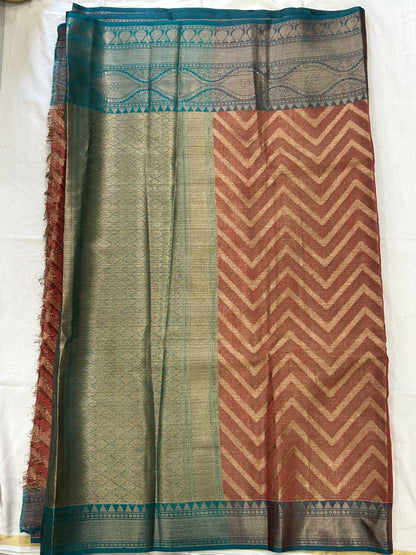 Burnt Orange with Teal blue border with Antique Gold Zari Linen Tissue Banarasi saree with Brocade blouse piece