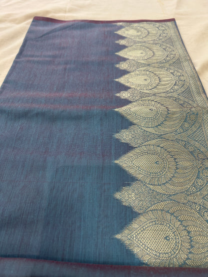 Dusty steel blue color with Solid color body Banarasi 3 piece set