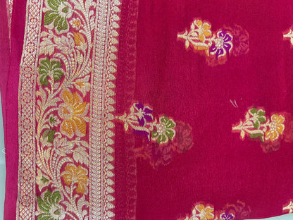 Authentic Handloom Pure Khaddi Georgette Banarasi Saree – Rani Pink with Meenakari Weaving