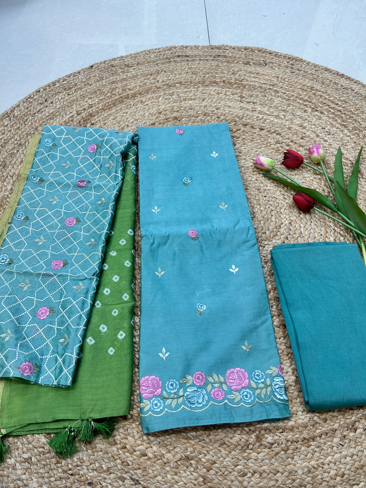 Turquoise Blue Chanderi Embroidered Dress Material