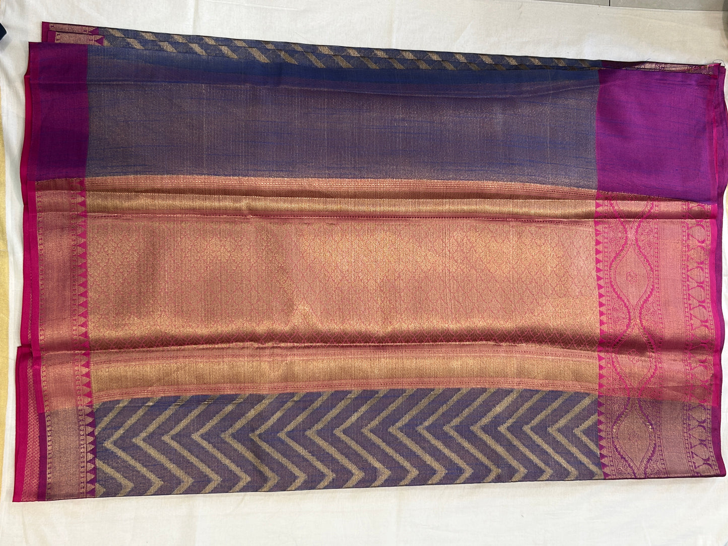 Royal Blue & Magenta with Antique Gold Zari Linen Tissue Banarasi saree with Brocade blouse piece
