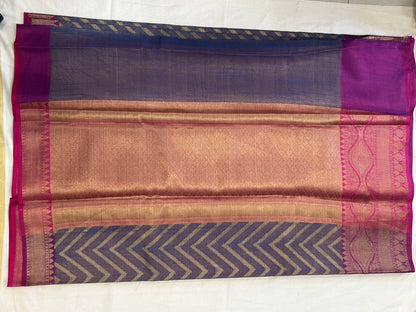 Royal Blue & Magenta with Antique Gold Zari Linen Tissue Banarasi saree with Brocade blouse piece