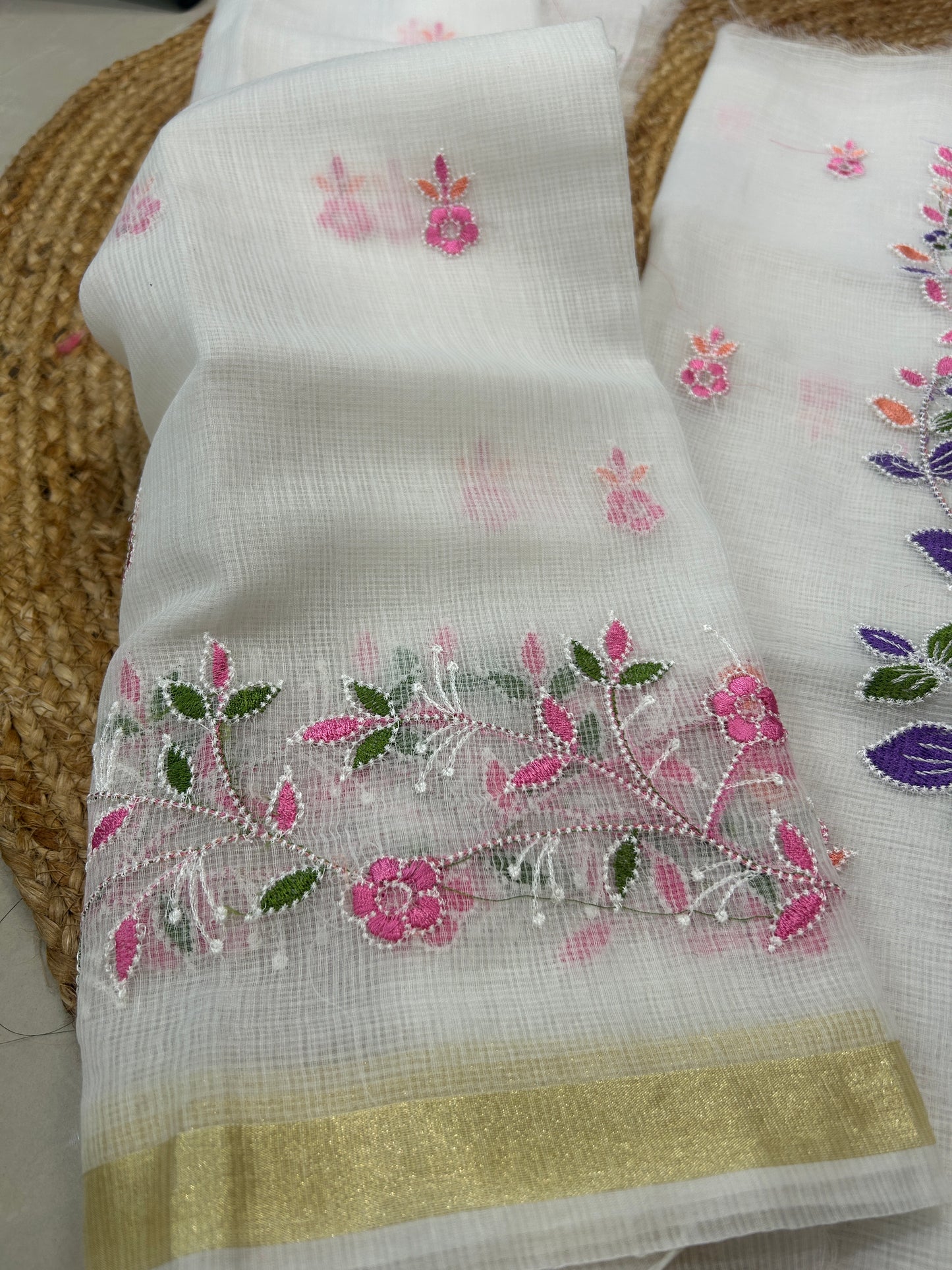 Ivory White Embroidered Mix Cotton Kota Doria 3-Piece Unstitched Suit Set