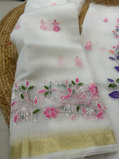 Ivory White Embroidered Mix Cotton Kota Doria 3-Piece Unstitched Suit Set