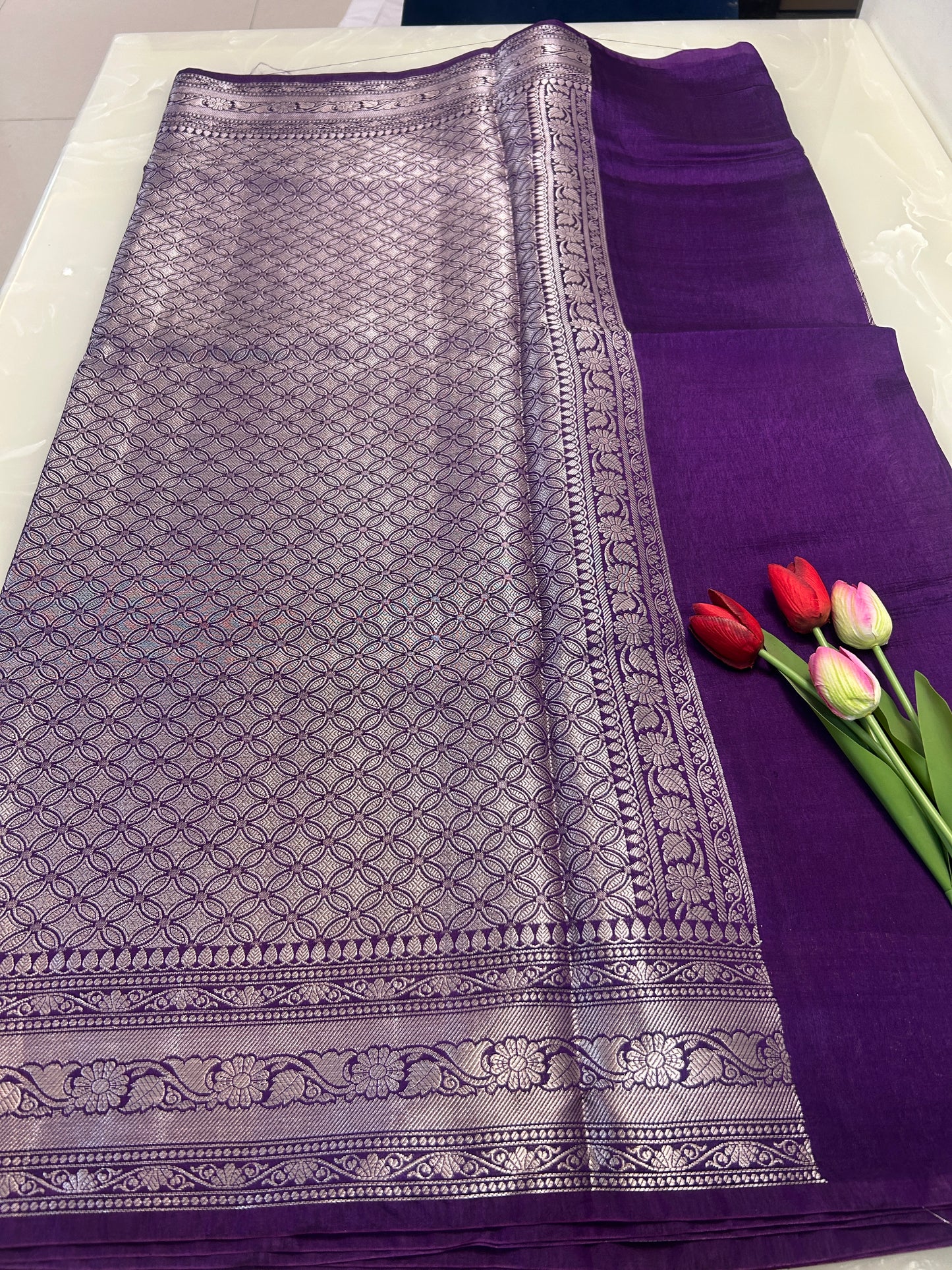 Dark Purple color plain body Dupion Silk Handloom Banarasi Saree