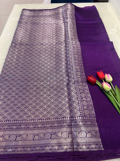 Dark Purple color plain body Dupion Silk Handloom Banarasi Saree