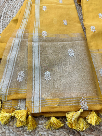 Mustard Yellow Pure Mulcotton Zari Embroidered 3-Piece Dress Material