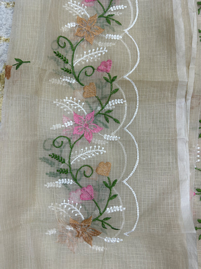 Beige Floral Embroidered Kota Doria 3 piece unstitched Dress Material