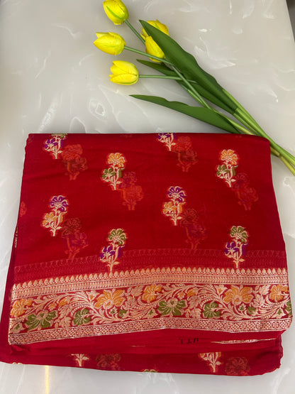 Authentic Handloom Pure Khaddi Georgette Banarasi Saree – Ruby Red with Meenakari Weaving