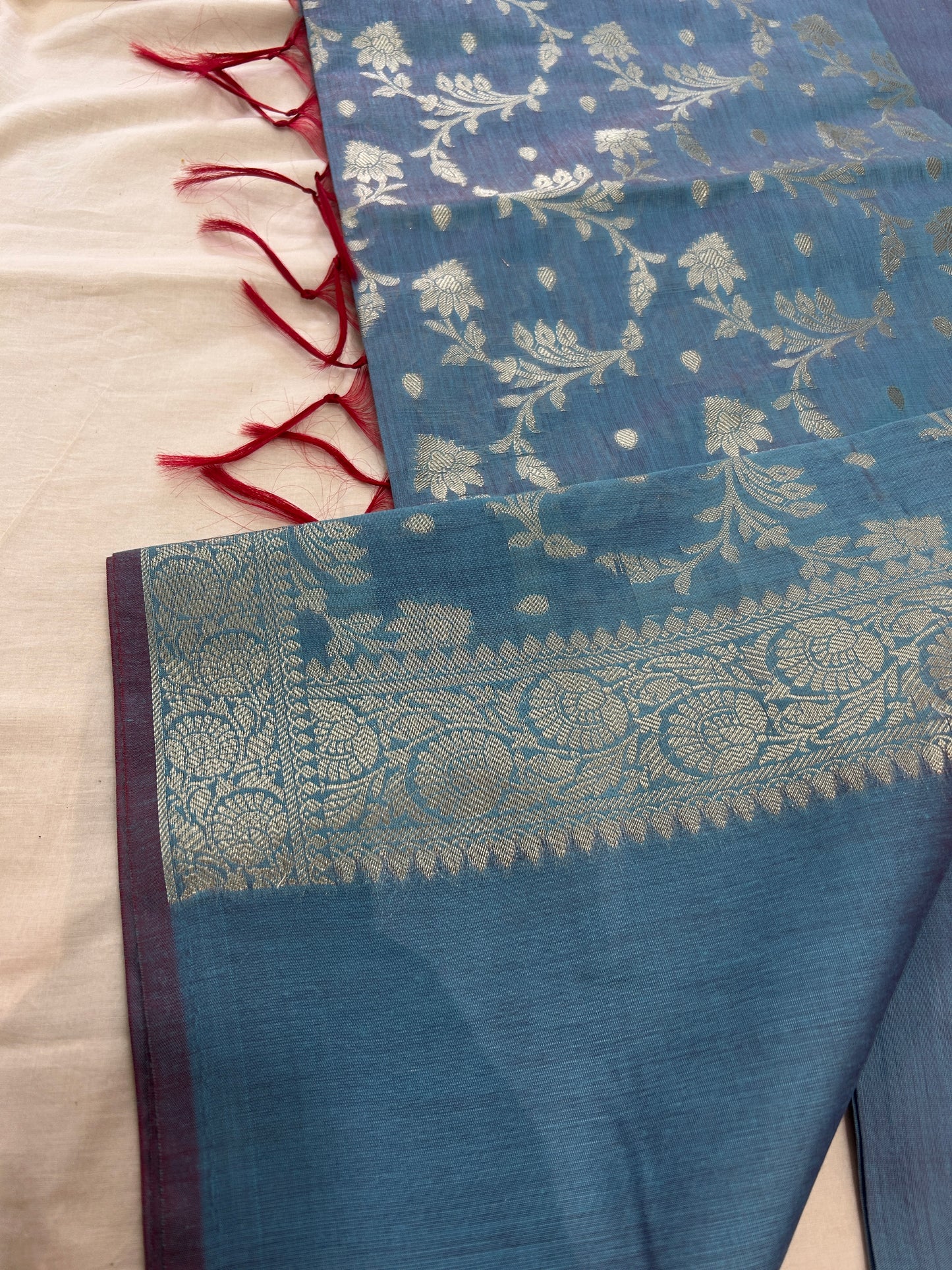 Dusty steel blue color with Solid color body Banarasi 3 piece set