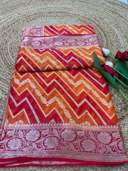 Authentic Handloom Orange & Red Pure Georgette Khaddi weaving Handloom Saree