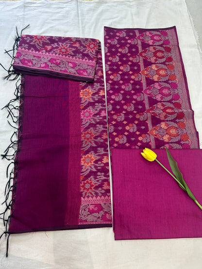 Handwoven deep Magenta Cotton silk Unstitched Banarasi Suit Set with Resham Weaving