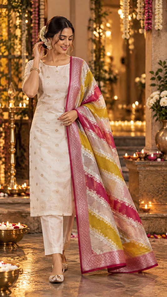 White and Pink golden butti banarasi 3 piece set with diagonal striped dupatta