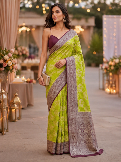 Parrot Green Pure Georgette Banarasi Saree