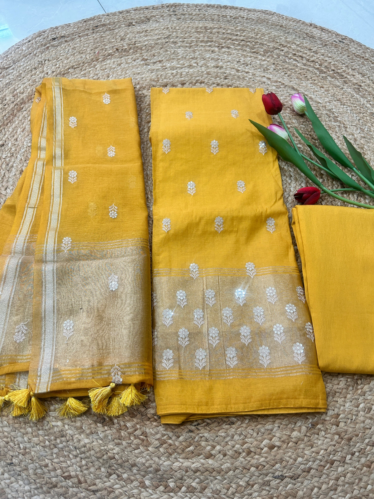 Mustard Yellow Pure Mulcotton Zari Embroidered 3-Piece Dress Material