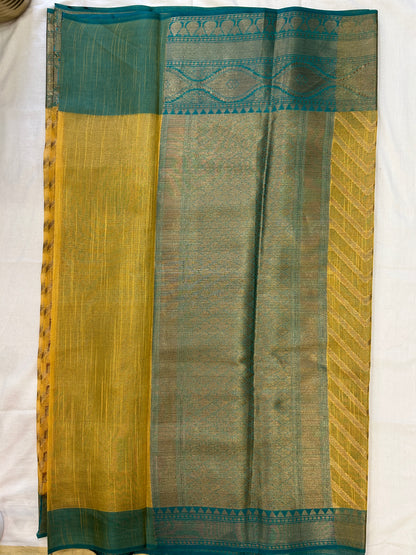Mustard Yellow with Teal Border & Antique Gold Zari Linen Tissue Banarasi saree with Brocade blouse piece