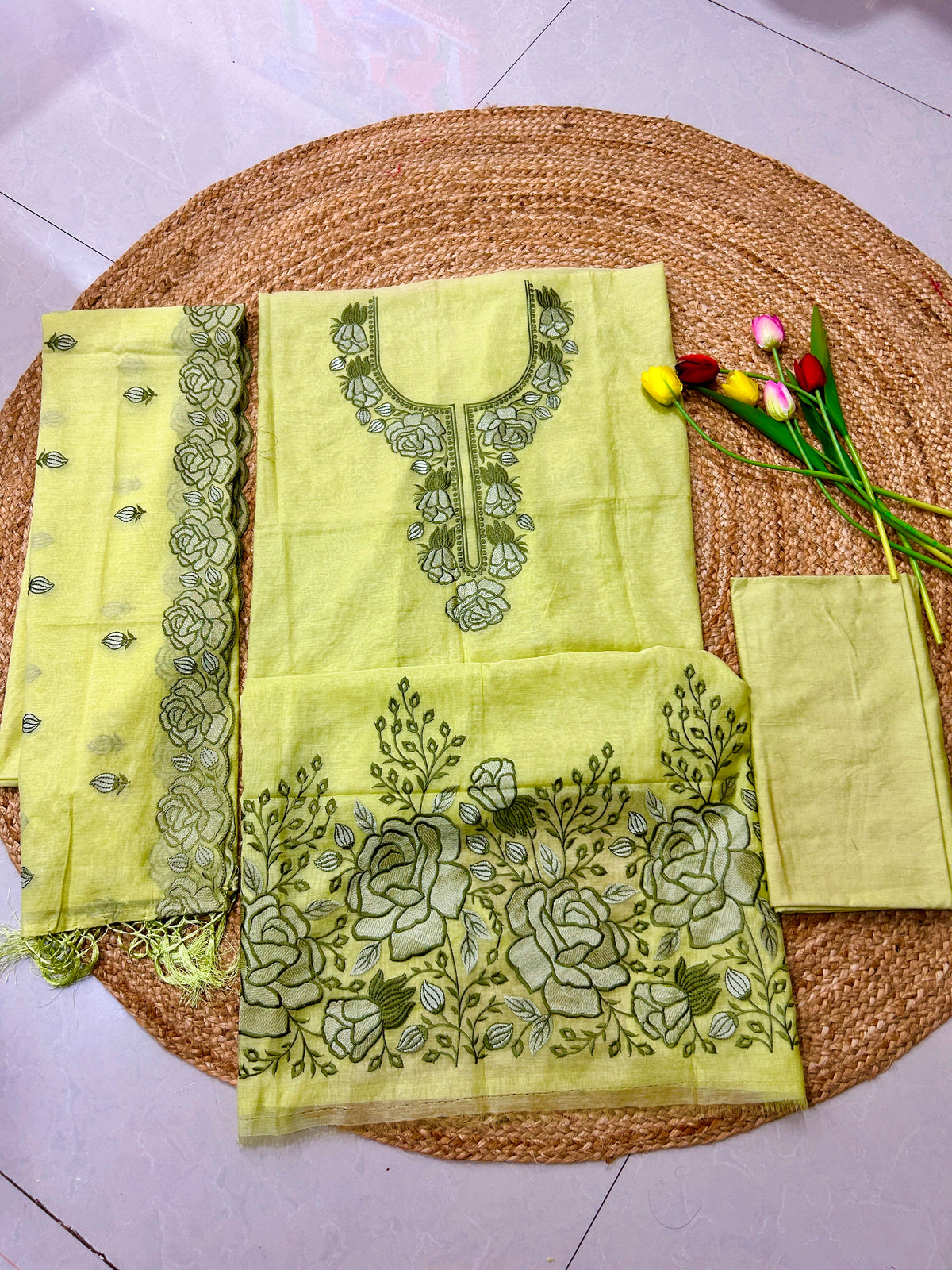 Pastel Pistachio Green Floral Mulcotton 3-Piece Suit Set