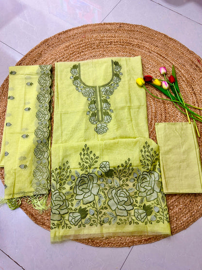 Pastel Pistachio Green Floral Mulcotton 3-Piece Suit Set