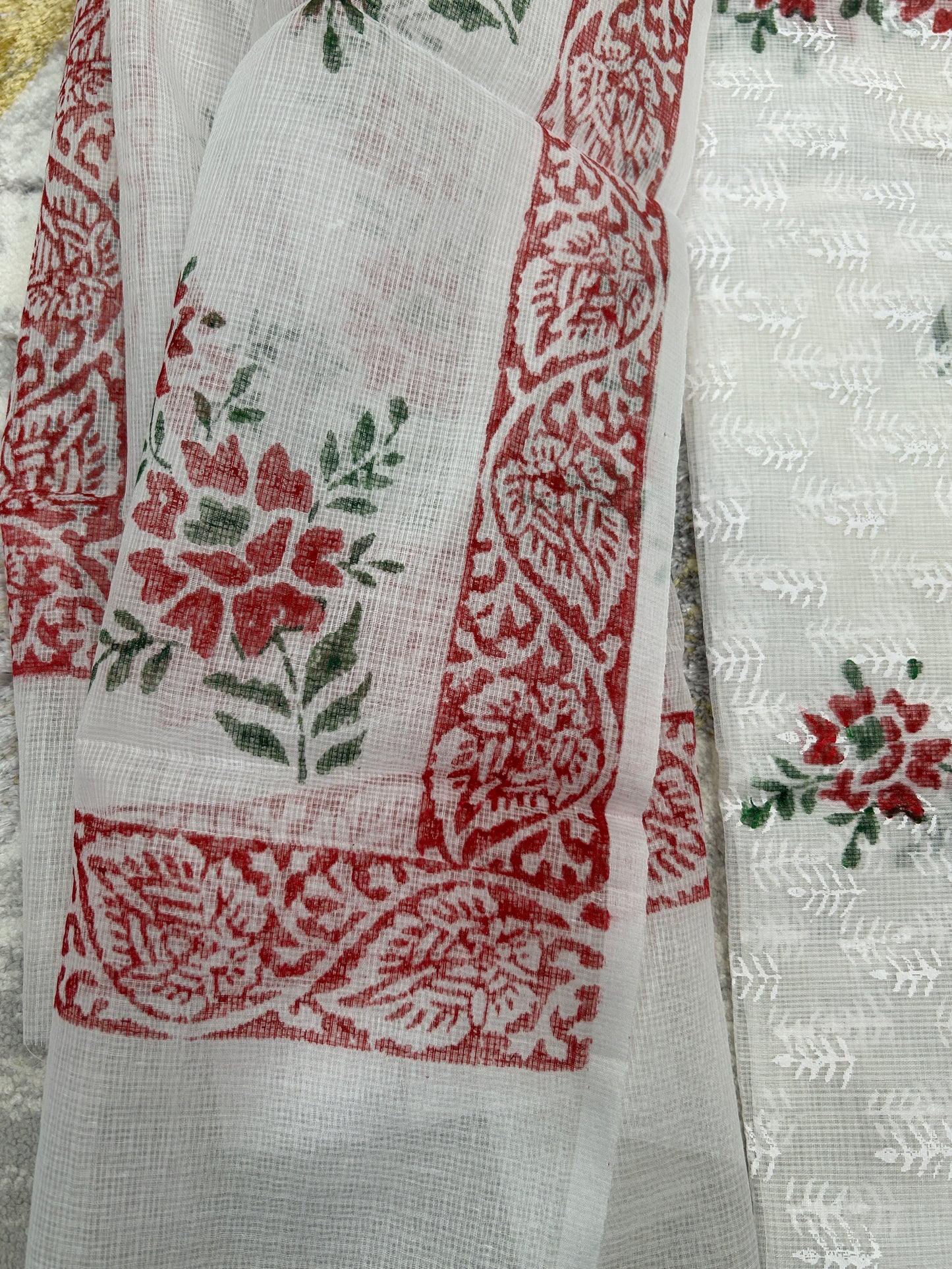 White and red  color printed Kota Doria 3 piece unstitched Dress Material