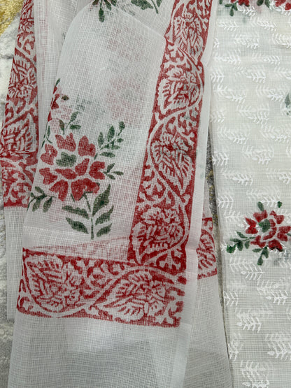 White and red  color printed Kota Doria 3 piece unstitched Dress Material