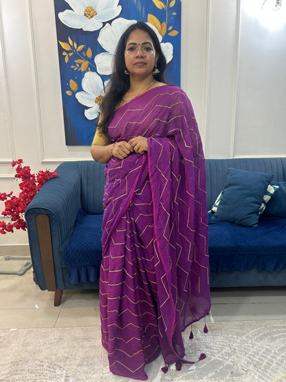 Purple Mulcotton saree with zig zag golden thread embroidery